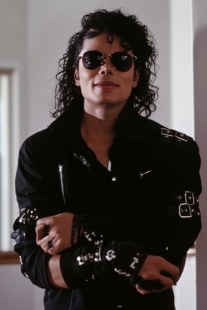 Photo of MJBAD87 Michael Jackson 1987 man White vaporwave synthwave background posing front shot stance in photoshoot black jacket wears black bracelet 4K smirk singing face closeup glasses clenched hands looking at you,plain87,noc-futuristic,ct-identity