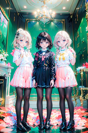 ((in the luxury hall of a grand mansion)), (((three 8-15 year old girls with loli features pose together:1.5))), ((loli)), depth of field, cinematic, (black theme:1.2), (beautiful), (masterpiece), (best quality), (extremely detailed face), perfect lighting, (ultra high res), (photorealistic:1.4), ((pale skin)), (shiny skin:1.2), (shy face), ((full body)), ((bangs)), ((smile)), (({himecut|wavy|ponytail|bob|short|buns|fishtail braid|sidetail|wavy|twintails})), (jewelry), (({socks|stockings|pantyhose})), ((same shoes)),  ((gold embroidery)), (hair ornament),
((luxury coral&black school uniform:1.5)), 
better_hands, cuteloli, 