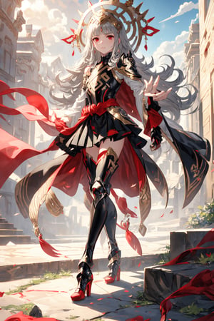 (masterpiece, best quality), solo, 1girl, lustrous skin, ultra-detailed, looking at viewer, crown, clothing cutout, dress, red high heels, red cape, black dress, black pants, detached sleeves, gold trim, long sleeves, bodystocking, pelvic curtain, jewelry, bare shoulders, bridal gauntlets, waving, outdoors, medieval city, :)

a spanish girl, long hair,silver hair,red eyes,high quality, high resolution, high precision, realism, color correction, proper lighting settings, harmonious composition, girl, fantasy court red dress ,silver color,clear background, pure color background,black background,serious face,bra_veronica, armor,black armor, feathers,cape, closed mouth, black gloves, shoulder armor, breastplate, high heels, armored boots, black long sleeves, feather trim, white wide sleeves, gauntlets, , black dress, thighhighs, red pantyhose, greaves, black skirt, outdoors,(masterpiece, best quality, ultra-detailed, best shadow)
,disney pixar style