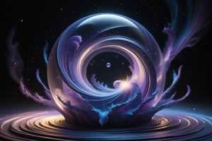 A blazing Galaxy floating in the night sky with liquid lights flowing around it. The shot is captured from a low angle, giving a view from the ground. Reminiscent of Rhad's art. The muted black monochrome adds a minimalist touch, while curvy shapes move rhythmically, showcasing volume and fluid dynamics. This figure traverses an empty, uninterrupted expanse, a backgroundless atmosphere that's enveloped by swirling, translucent supernovaes. The whimsical purple and blue hues create a beautiful atmosphere, contrasting with abstract black background. Intricate acrylic and grunge textures add to the intricate complexity, all rendered with Unreal Engine for a photorealistic effect., (Detailed Textures, high quality, high resolution, high Accuracy, realism, color correction, Proper lighting settings, harmonious composition, Behance works),watce