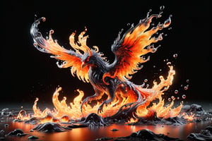 A phoenix bird made of lava burning in the night sky with liquid fire on its wings hovering above the ground. The shot is captured from a low angle, giving a view from the ground. Reminiscent of Rhad's art. The muted orange monochrome adds a minimalist touch, while curvy shapes move rhythmically, showcasing volume and fluid dynamics. This figure traverses an empty, uninterrupted expanse, a backgroundless atmosphere that's enveloped by swirling, translucent lava splashes. The whimsical orage and red hues create a warm atmosphere, contrasting with abstract black background. Intricate acrylic and grunge textures add to the intricate complexity, all rendered with Unreal Engine for a photorealistic effect., (Detailed Textures, high quality, high resolution, high Accuracy, realism, color correction, Proper lighting settings, harmonious composition, Behance works),watce
