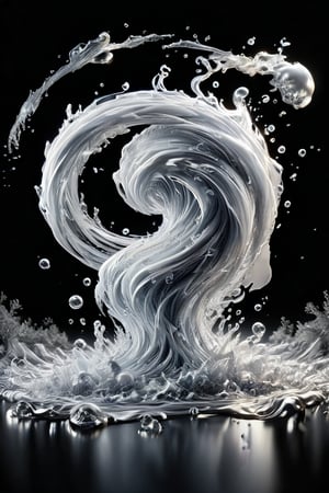 A gust of white air flowing in the night sky with liquid movements. The shot is captured from a low angle, giving a view from the ground. Reminiscent of Rhad's art. The muted white monochrome adds a minimalist touch, while curvy shapes move rhythmically, showcasing volume and fluid dynamics. This figure traverses an empty, uninterrupted expanse, a backgroundless atmosphere that's enveloped by swirling, grey translucent wind splashes. The whimsical white and grey hues create a neon atmosphere, contrasting with abstract black background. Intricate acrylic and grunge textures add to the intricate complexity, all rendered with Unreal Engine for a photorealistic effect., (Detailed Textures, high quality, high resolution, high Accuracy, realism, color correction, Proper lighting settings, harmonious composition, Behance works),watce
