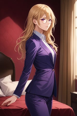 8k, masterpiece, cinematic, tall lean mature body, (long wavy golden blonde with silver strip hair,  bed room background, wearing dark purple opened blazer with inner bodysuit, dark purple pants, super model, rounded rectangle glasses, perfect goddesses, (8K), (sensual faces), (Wallpaper), (Cinematic lighting), side ways photo, sideview, solemn expression, full body photo,score_9,source_anime,Beautiful eyes