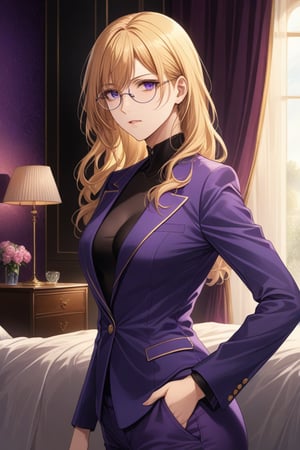 8k, masterpiece, cinematic, tall lean mature body, (long wavy golden blonde with silver strip hair,  bed room background, wearing dark purple opened blazer with inner bodysuit, dark purple pants, super model, rounded rectangle glasses, perfect goddesses, (8K), (sensual faces), (Wallpaper), (Cinematic lighting), side ways photo, sideview, solemn expression, full body photo,score_9,source_anime,Beautiful eyes