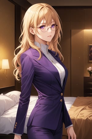 8k, masterpiece, cinematic, tall lean mature body, (long wavy golden blonde with silver strip hair,  bed room background, wearing dark purple opened blazer with inner bodysuit with breat cutout, dark purple pants, super model, rounded rectangle glasses, perfect goddesses, (8K), (sensual faces), (Wallpaper), (Cinematic lighting), side ways photo, sideview, solemn expression, full body photo,score_9,source_anime,Beautiful eyes