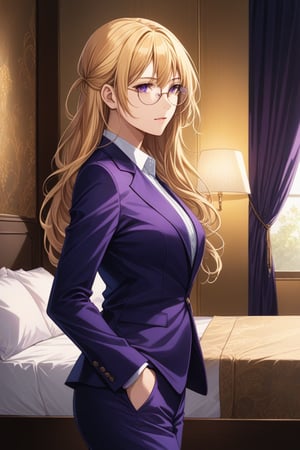 8k, masterpiece, cinematic, tall lean mature body, (long wavy golden blonde with silver strip hair,  bed room background, wearing dark purple blazer without inner, dark purple pants, super model, rounded rectangle glasses, perfect goddesses, (8K), (sensual faces), (Wallpaper), (Cinematic lighting), side ways photo, sideview, solemn expression, full body photo,score_9,source_anime,Beautiful eyes