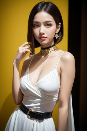 In a 9:16 aspect ratio, a stunning brunette Latina model with short braided hair stands out against a bright yellow backdrop. Dressed in a beautiful white medieval gown with green belt and flower details on the neck, she poses alluringly with piercing brown honey eyes sparkling with happiness. The cinematic lighting mimics an aperture of f/1.4, highlighting her puffy skin texture, highly detailed eyes and face, A sultry 27-year-old woman with piercing blue eyes and luscious locks poses confidently before a dark studio backdrop, her full lips slightly upturned in a mischievous grin. She tilts her head forward, showcasing her uncovered 38D cup, as the camera captures her standing form in sharp focus. The studio lighting casts a flattering glow on her chiseled features and statuesque figure, highlighting every curve of her perfect body. In the background, a breathtaking galaxy sprawls across the sky, its stars twinkling like diamonds against the inky blackness, perfectly captured by the ultra-quality DSLR camera.painted red lips, and subtle eyeliner. She wears a gold bracelet, green choker, earrings, and exudes confidence amidst the soft, warm studio light.blending fantasy and surrealism. In the foreground, a delicate, detailed portrait of the Virgin Mary in oil and watercolor painting style, with a subtle texture resembling damp skin. Her skin tone is of highest quality, with a subtle sheen. The overall composition is bathed in soft light, creating a sense of photorealistic serenity.