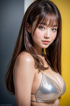 
A stunning 1girl model, donning long brown hair and striking features, poses in a studio setting against a solid yellow backdrop. She wears a shiny metallic latex cheongsam, styled with twintails, as blue eyes sparkle beneath silver orange jewelry. Focal point: her toned physique and massive assets, showcased under cinematic lighting (f/1.4) emphasizing every detail. Skin texture appears authentic, fresh, and clean. Facial expression is extremely cute, with a sweet smile and sparkling brown eyes. Playful pose exudes confidence and sexuality. High-resolution image (32k) captures her beauty from every angle.