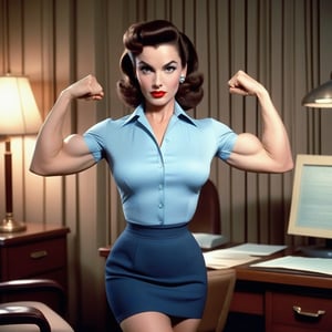 Analog photo of a 50s secretary in a retro office room, showcasing extremely muscular, toned, and defined arms with prominent veins. She proudly displays her biceps to her boss, wearing a mini skirt and an unbuttoned, tight blouse that accentuates her veiny, muscular physique. The lighting is soft, highlighting her powerful, confident pose against a backdrop of vintage office decor.