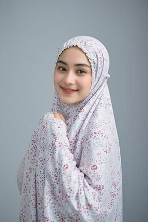 (mukena), 1 girl, 25 year, smile, using a PRAYER HIJAB frilly, white background, real_life, from_behind_view