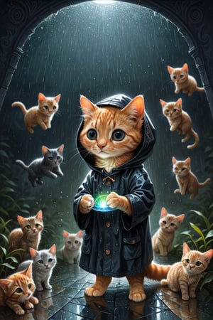 Hyper-detailed  painting, Jean-Baptiste Monge style, a gang of cute little kittens gathered in the rain  under an single black long raincoat, splash, glittering, cute and adorable, filigree, lights, fluffy, magic, surreal, fantasy, digital art, ultra hd, hyper-realistic illustration, vivid colors,  UHD, cinematic perfect light,greg rutkowski