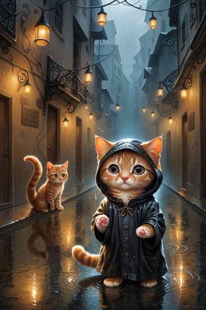 Hyper-detailed  painting, Jean-Baptiste Monge style, a gang of cute little kittens gathered in the rain  under an single black long raincoat, splash, glittering, cute and adorable, filigree, lights, fluffy, magic, surreal, fantasy, digital art, ultra hd, hyper-realistic illustration, vivid colors,  UHD, cinematic perfect light,greg rutkowski