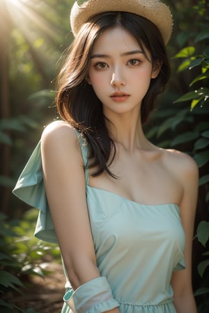(realistic), (surrealistic), best quality, masterpiece, ultra high resolution, (realistic photo: 1.4), 1 girl, (looking at viewer), ((forest, flowers)), sunlight,
blue dress, cowboy photography, expressionless face