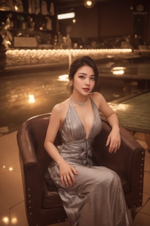 A stunning portrait of a Japanese idol with her hair styled in an elegant updo, smile, necklace, chiffon dress, showcases a mesmerizing crystal and silver entanglement above her waist. The high-definition image is a masterpiece, featuring intricate textures and hyper-quality details that leap off the page. Every delicate texture is meticulously rendered, 