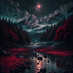 RAW photo, masterpiece,red flowers,Wither, ultra realistic, hyper detailed, hdr, 4k, dark river, misty ambiance, mistycal, mist, haze, steam, fog, dark sky, dark shot, vibrant colors, high contrast, dramatic shadows, highly detailed, best quality, high quality, cinematic, (hyper realistic), photorealistic, 12k