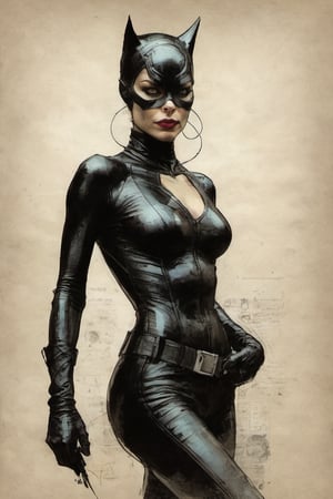 Catwoman suit Marvel character design colorful art by Jeremy Mann and Carne Griffith,on parchment,ink illustration