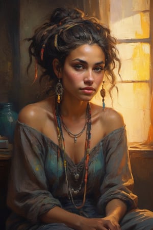 A serene and alluring Gypsy girl sits confidently in a warm, neon-lit studio setting. Her radiant complexion glows against the soft focus background, while her striking feature is framed by a messy bun of tangled dreadlocks that cascade down her back like a waterfall of dark, rich silk.,more detail XL