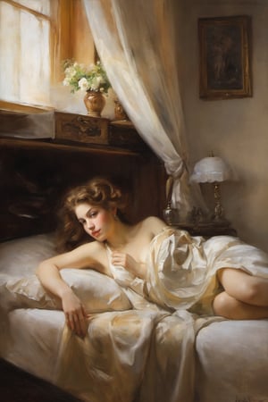 An oil painting in the style of John Singer Sargent and a print by Ivana Besevic, the lighting style of Rembrandt. A beautiful portrait of a 1800 centuries attractive women. lying bed, A detailed, beautiful, girlish face. Narrow nose, beautiful, large eyes and full lips,(brilliant composition), looking_at_viewer 