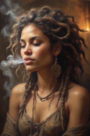 A sultry Gypsy woman sits serenely amidst a warm, golden glow, vape wisps curling lazily around her as she savors the smoke-filled air. Her radiant skin glows against the softly blurred backdrop, her striking features illuminated by the ambient light. Wild dreadlocks cascade down her back like a dark, silky waterfall, framing her face with a mesmerizing tangle of texture and depth.