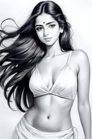 Pencil sketch, pencil sketch portrait of beautiful indian girl with long hair, blue eyes, embarrassed,  nice figure, slim belly, Indian dress, Art, black and white, on white stroke paper, realistic sketch, ultra real sketch, pencil stroke sketch, pencil stroke shadow, perfect real light on paper, xyzsanart01,iinksketch,line anime,monochrome