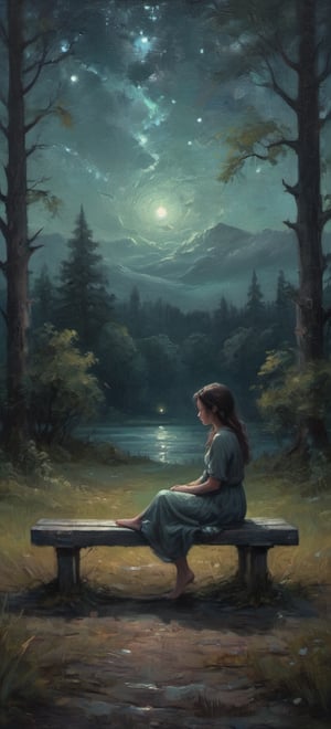 A lone figure, a melancholic girl, sits on a weathered bench amidst the tranquil setting of a nature park under a starry dark night sky. The air is illuminated by an eerie glow where neon lights and tungsten hues blend together in a mesmerizing dance. She gazes out into the darkness, her sadness radiating like a beacon. Soft lo-fi sounds hum in the background, whispers from the forest itself, as oil painting textures add a rich, tactile quality to the dreamlike atmosphere. The girl's introspective pose is framed by the serenity of nature, as if lost in thought amidst the haunting beauty of the night.