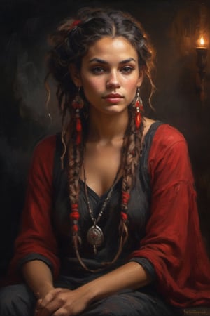 A serene and alluring Gypsy girl sits confidently in a warm, black-lit studio setting. Her radiant complexion glows against the soft focus background, while her striking feature is framed by a messy bun of tangled red dreadlocks that cascade down her back like a waterfall of dark, rich silk.,more detail XL