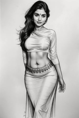 Beautiful indian young girl, pencil sketch,  anatomy , pencil_(artwork), pencil_art, pencil_art, rough_sketch, blouse, long skirt, plump, navel, stomach, slime,beauty,DRAWING,monochrome,REALISTIC