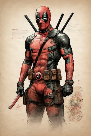 Deadpool suit Marvel character design colorful art by Jeremy Mann and Carne Griffith,on parchment,ink illustration
