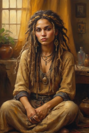 The camera captures a captivating Gypsy woman seated in a cozy, golden-hued studio atmosphere. Her luminous complexion shines against the blurred background, as her arresting facial features are framed by a wild tangle of dreadlocks that spill down her back like a luxuriant waterfall of dark silk.