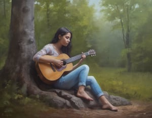 oil painting of a girl in a playing in the guitar, she is sitting down tree with a guitar, moody forest with summer, tree leaf blowing wind. detailed and moody atmosphere ,painting,oil painting