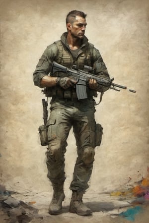 a commando man. wear commando clothes. colorful art by Jeremy Mann and Carne Griffith,on parchment,digital painting.