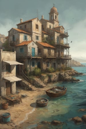 by Alejandro Burdisio coastal town dwelling in mediterranean biome Cel Shaded Art 2D flat color toon shading cel shaded style  neo-expressionism