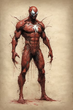 Carnage suit DC character design colorful art by Jeremy Mann and Carne Griffith,on parchment,ink illustration