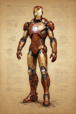 Ironman suit Marvel character design rust circuits cinematic intricate concept art by Jeremy Mann and Carne Griffith,on parchment,ink illustration