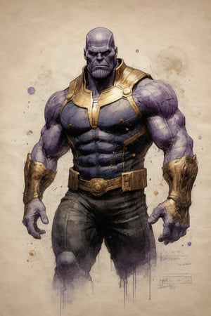 Thanos Marvel character design colorful art by Jeremy Mann and Carne Griffith,on parchment,ink illustration