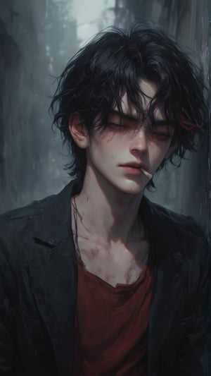 Moody solo portrait of a boy with messy black hair and striking golden-red highlights standing against a worn white wall, red shirt open to reveal a hint of chest. Cigarette dangles precariously from his lips as he exhales smoke into the twilight air, warm sunset glow casting long shadows across his face. Eyes closed in a rebellious pose, rugged attitude accentuated by soft focus and blurred background.