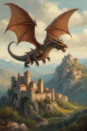 by Alejandro Burdisio ancient Roman Castle over the mountain. A Dragon flying in the sky, mountain landscape background in mediterranean biome Cel Shaded Art 2D flat color toon shading cel shaded style  neo-expressionism