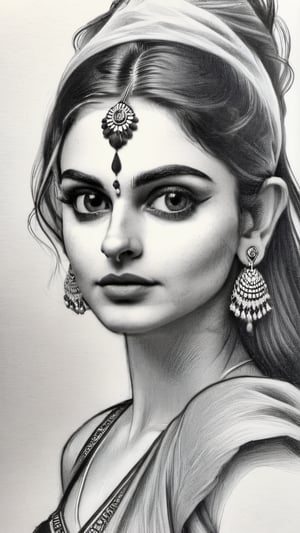 Beautiful indian Instagram model girl, charcoal sketch,  anatomy , pencil_(artwork), pencil_art, pencil_art, rough_sketch, Pencil draw of a very beautiful indian model girl on paper, sarong, Indian beauty,monochrome,Beautiful Instagram Model