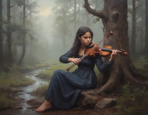 oil painting of a desperately survival girl in a playing in the violin, she is very lonely. she is sitting down tree with a violin, moody forest after rain. detailed and moody atmosphere ,painting,oil painting