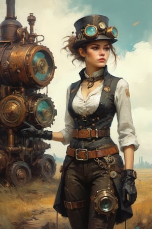 retro future 1890 steampunk english girl mechanical gear waist belt. retro clothes by Ismail Inceoglu and Jeremy Mann,oil painting,more detail XL
