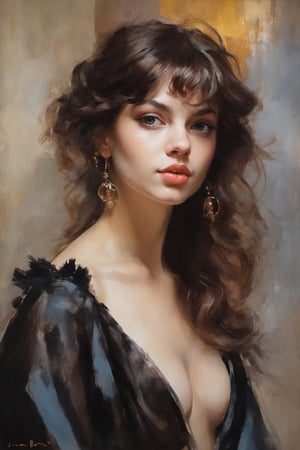 An oil painting in the style of John Singer Sargent and a print by Ivana Besevic, the lighting style of Rembrandt. A beautiful portrait of a 20-year-old super model girl. A detailed, beautiful, girlish face. Narrow nose, beautiful, large eyes and full lips