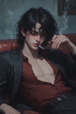 1boy, solo, messy hair, shirt, black hair, red-tone hair, golden-red hue highlight, holding, sitting, closed mouth, closed eyes, attitude, red shirt, open shirt, male focus, lying, indoor, on back, shirt, red couch, smoke, cigarette, smoking, holding cigarette,score_tag, sunset light, twilight lights, dramatic light, retro light, raw photo, ultra detailed, hyper realistic, detailed photo, photoshoot,more detail XL
