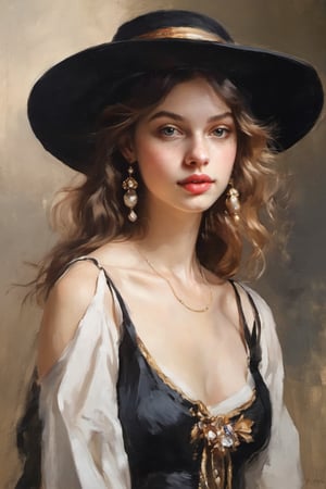 An oil painting in the style of John Singer Sargent and a print by Ivana Besevic, the lighting style of Rembrandt. A beautiful portrait of a 20-year-old model girl. A detailed, beautiful, girlish face. Narrow nose, beautiful, large eyes and full lips