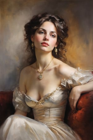 An oil painting in the style of John Singer Sargent and a print by Ivana Besevic, the lighting style of Rembrandt. A beautiful portrait of a 1800 centuries attractive women. Sitting sofa, A detailed, beautiful, girlish face. Narrow nose, beautiful, large eyes and full lips,(brilliant composition), looking_at_viewer 
