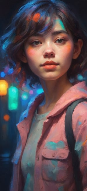 Girl face neon lights and tungsten lighting colorful iridescent detailed lighting inspired by Hayao Miyazaki,lofi vibe,oil painting