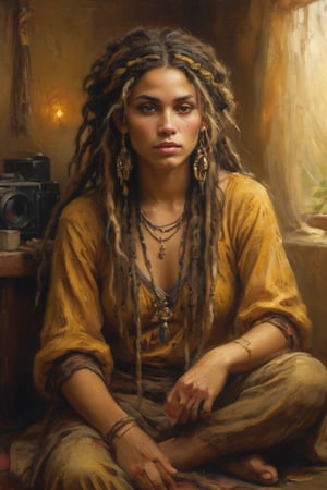 The camera captures a captivating Gypsy woman seated in a cozy, golden-hued studio atmosphere. Her luminous complexion shines against the blurred background, as her arresting facial features are framed by a wild tangle of dreadlocks that spill down her back like a luxuriant waterfall of dark silk.