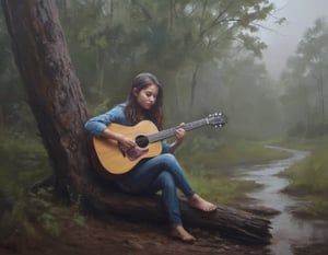 oil painting of a desperately survival girl in a playing in the guitar, she is very lonely. she is sitting down tree with a guitar, moody forest after rain. detailed and moody atmosphere ,painting,oil painting