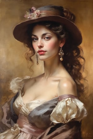 An oil painting in the style of John Singer Sargent and a print by Ivana Besevic, the lighting style of Rembrandt. A beautiful portrait of a 1800 centuries attractive women. A detailed, beautiful, girlish face. Narrow nose, beautiful, large eyes and full lips,(brilliant composition) 