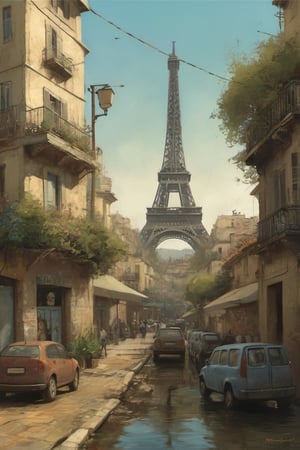 by Alejandro Burdisio "Eiffel Towerl" in mediterranean biome Cel Shaded Art 2D flat color toon shading cel shaded style  neo-expressionism,oil painting