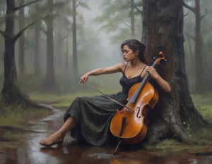 oil painting of a desperately survival girl in a playing in the cello, she is very lonely. she is sitting down tree with a cello, moody forest after rain. detailed and moody atmosphere ,painting,oil painting